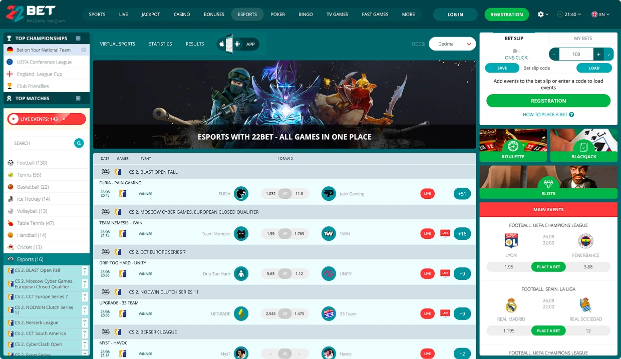 22Bet eSpor Oyunları